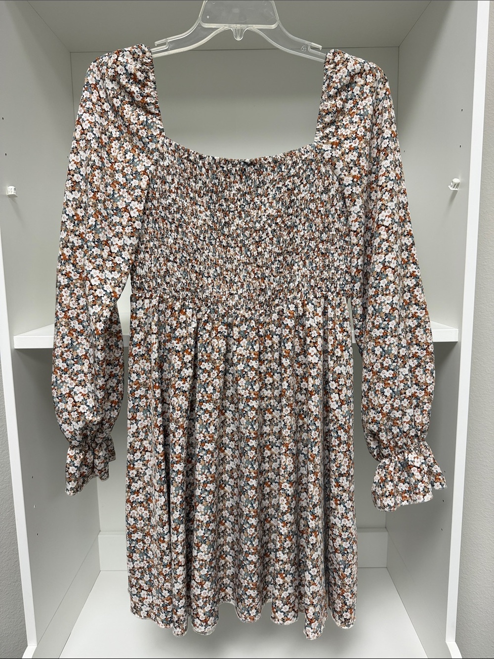 Floral Smocked Square-Neck Long Sleeve Dress - White & Brown